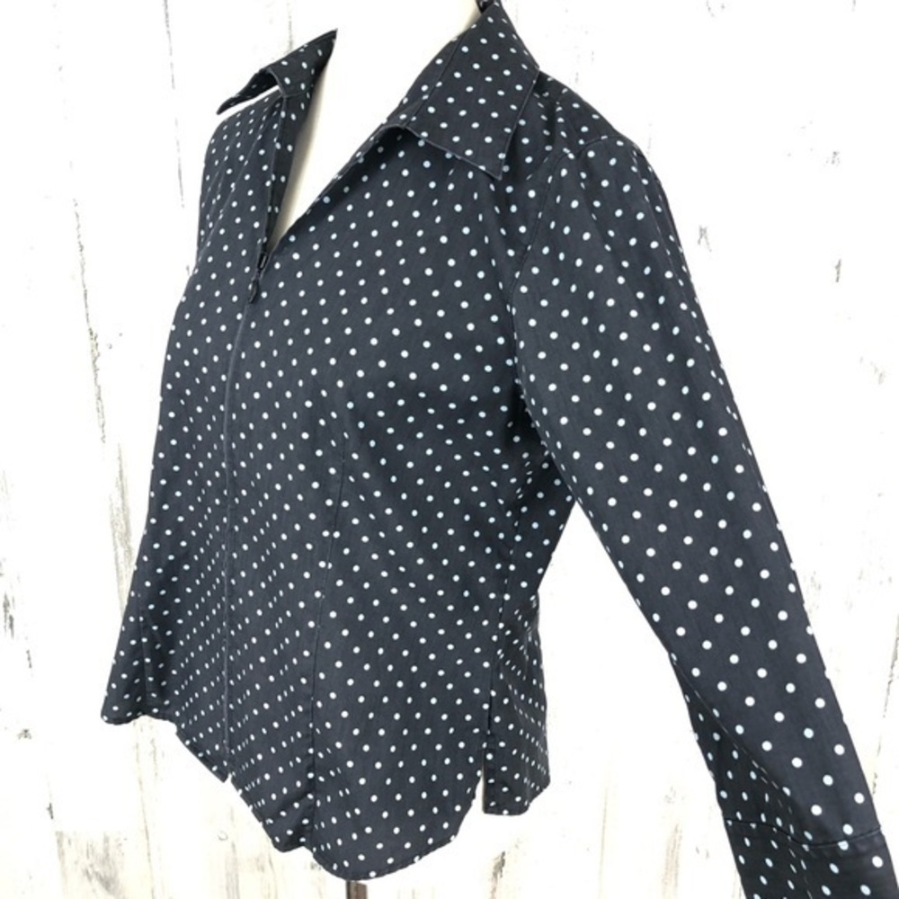 Foxcroft Women's Blue Polka dot Zip Up V Neck Collared Shirt Top Blouse Sz 8